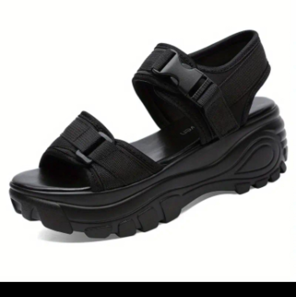 Black Chunky Platform Lug Sole Sandals Womens Size 7 (38)